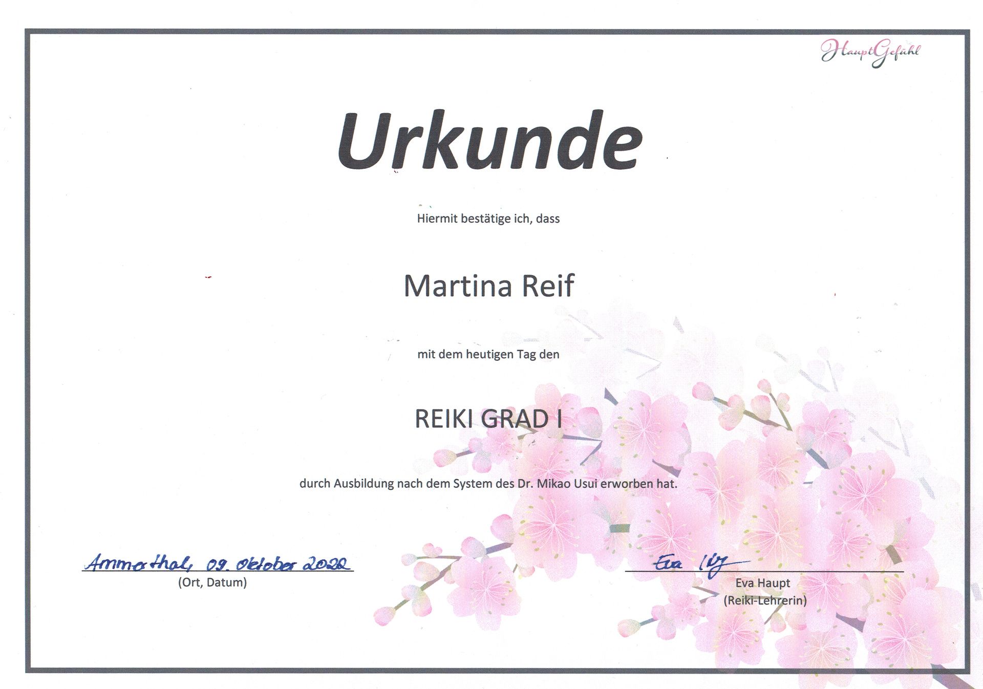 Urkunde Reiki Grad 1