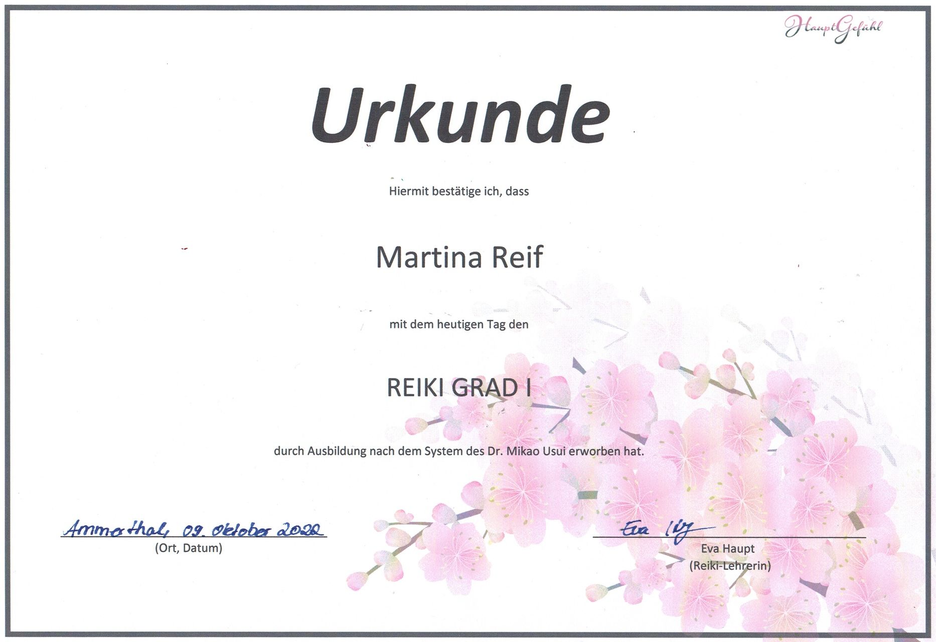 Urkunde Reiki Grad 1